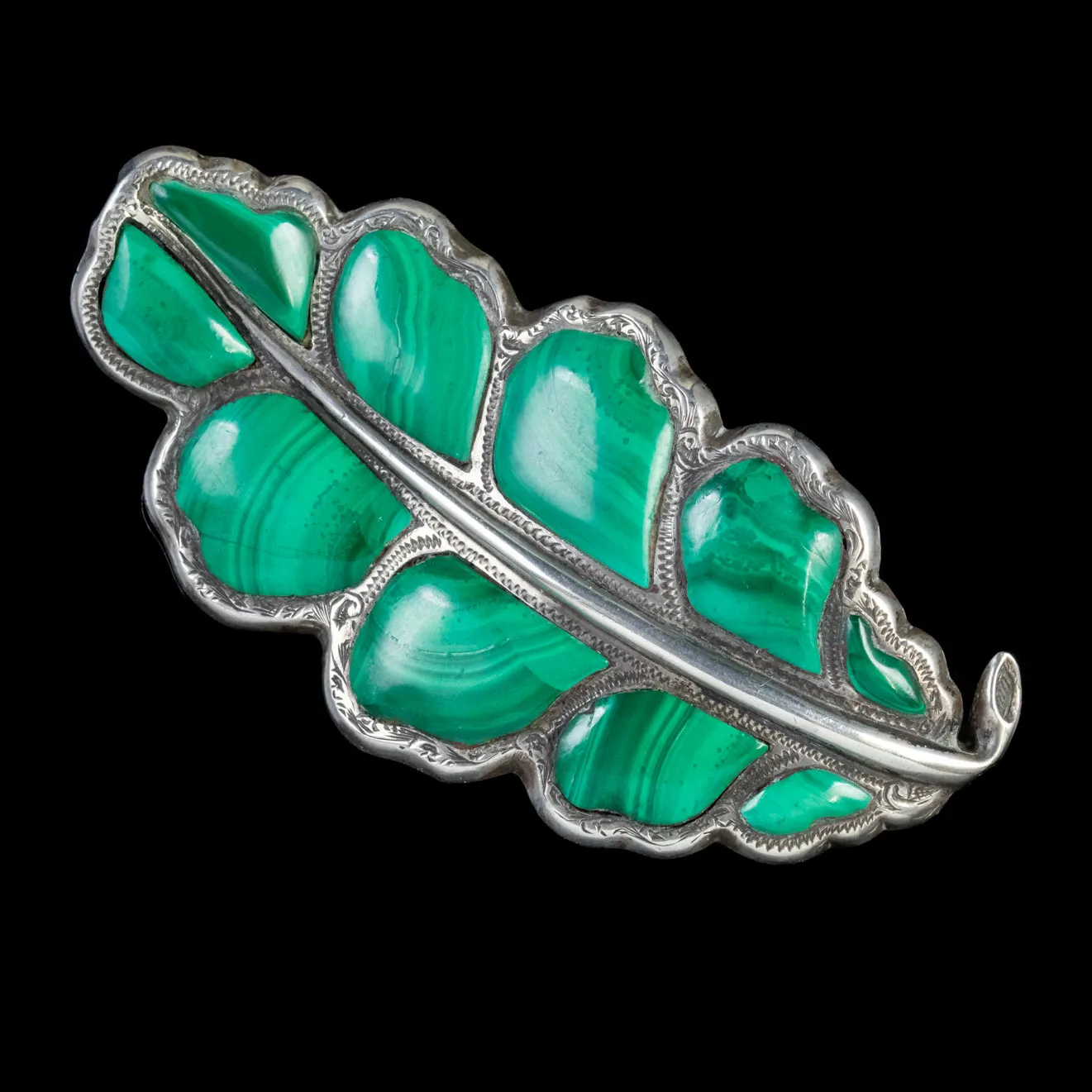 Antique Victorian Scottish Malachite Oak Leaf Brooch Silver Circa 1860