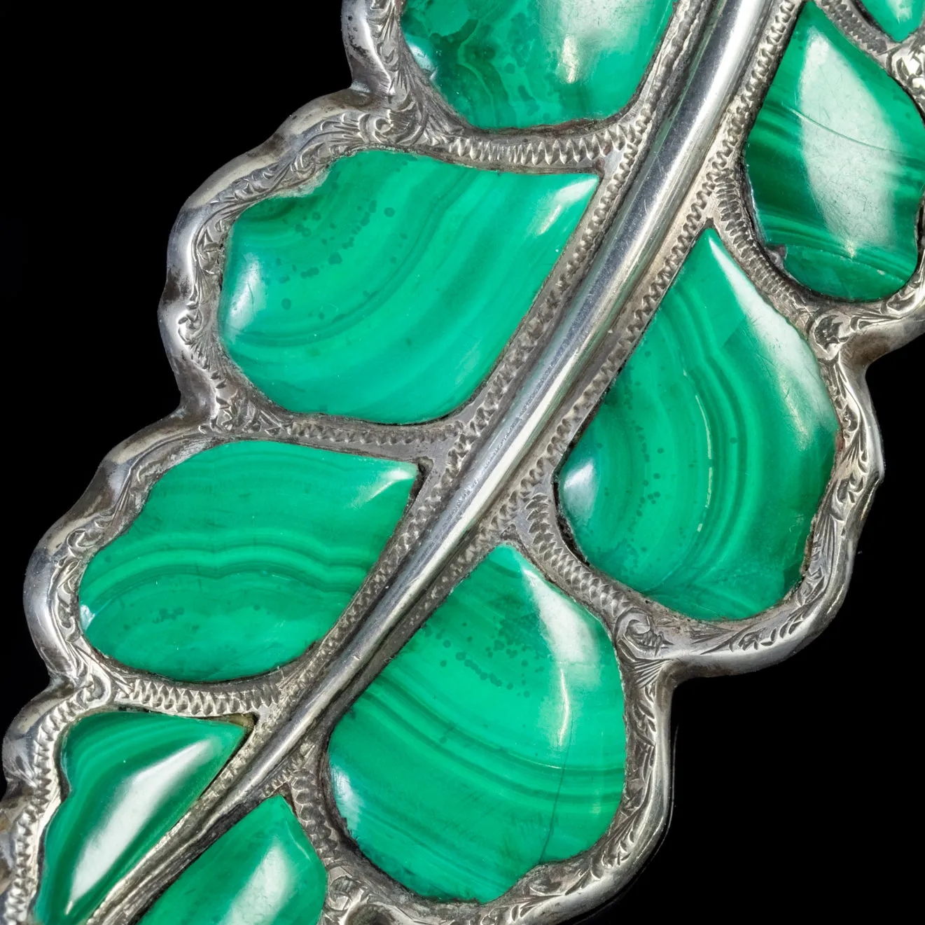 Antique Victorian Scottish Malachite Oak Leaf Brooch Silver Circa 1860