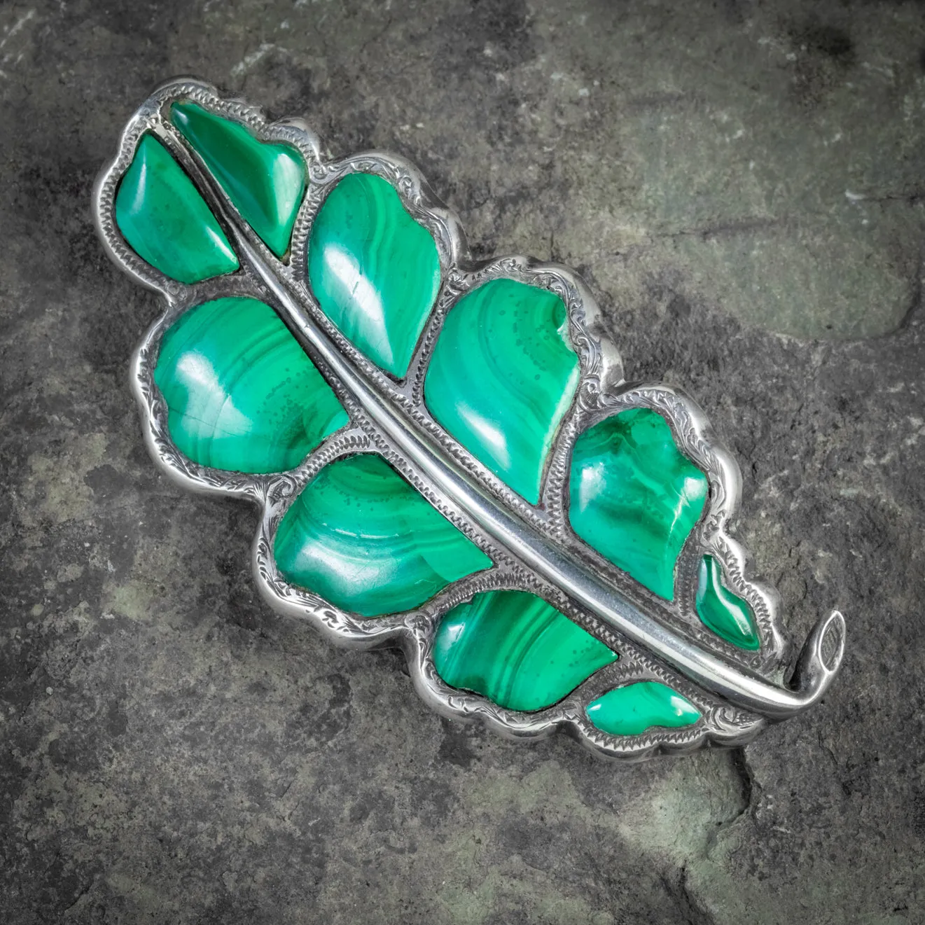 Antique Victorian Scottish Malachite Oak Leaf Brooch Silver Circa 1860