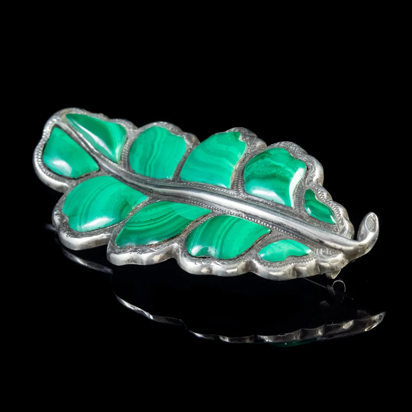 Antique Victorian Scottish Malachite Oak Leaf Brooch Silver Circa 1860