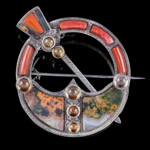 Antique Victorian Scottish Penannular Celtic Brooch Agate Citrine Silver Circa 1860