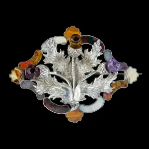 Antique Victorian Scottish Thistle Brooch Silver Agate Citrine Amethyst Circa 1860