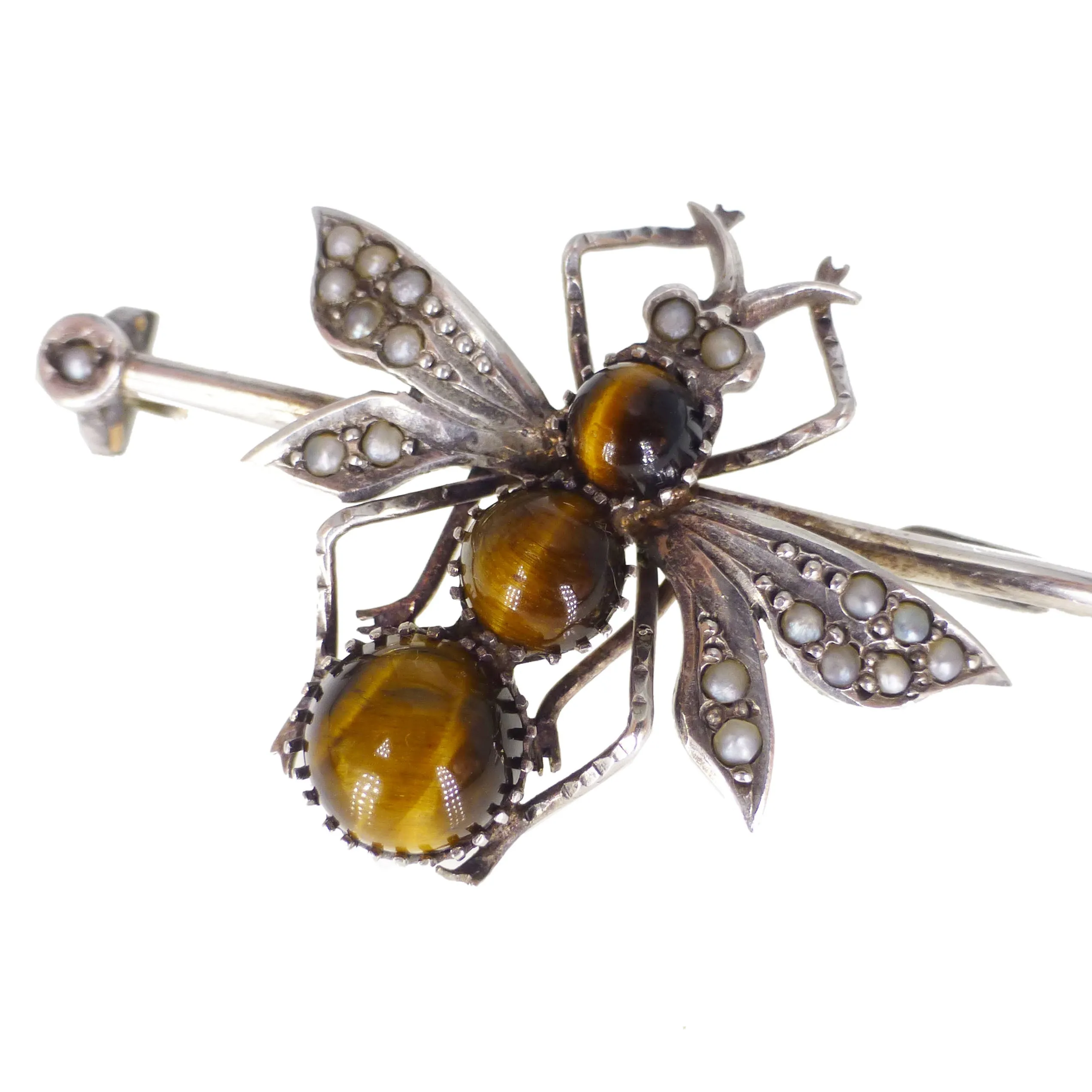 Antique Victorian Silver Tigers Eye Insect Pin Brooch