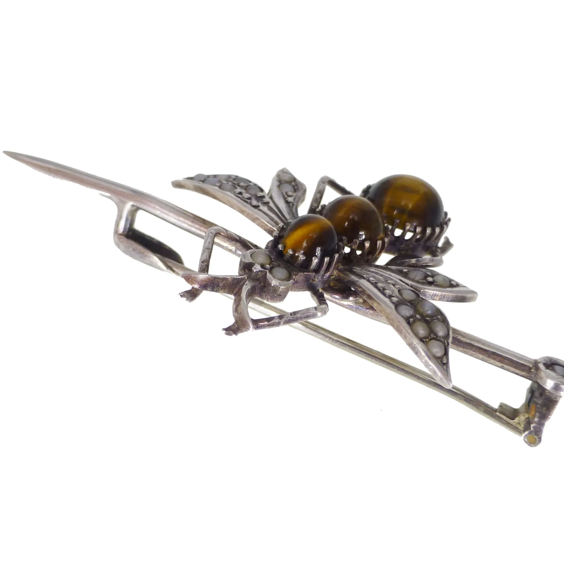 Antique Victorian Silver Tigers Eye Insect Pin Brooch