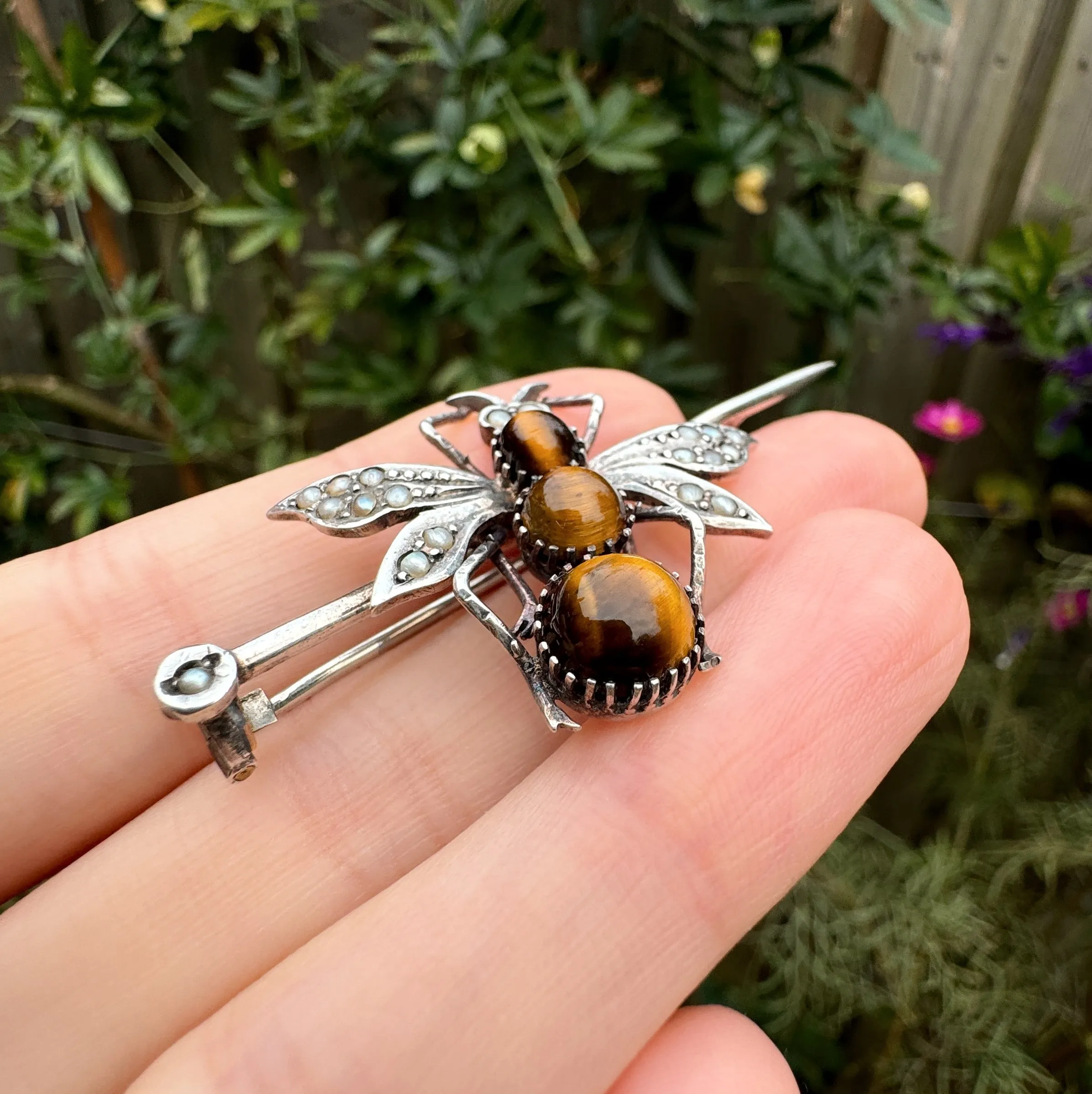 Antique Victorian Silver Tigers Eye Insect Pin Brooch