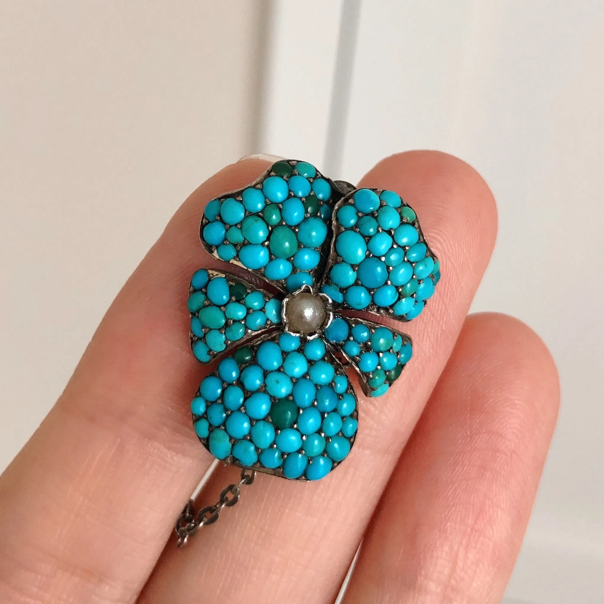 Antique Victorian Silver Turquoise Pansy Brooch