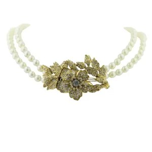 Antiquities Couture 8mm Faux Pearl Strand With Crystal Double Strand Flower Pendant Necklace 44"