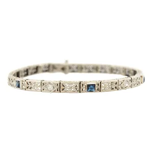 Art Deco 14k White gold Diamond & Sapphire Line Bracelet