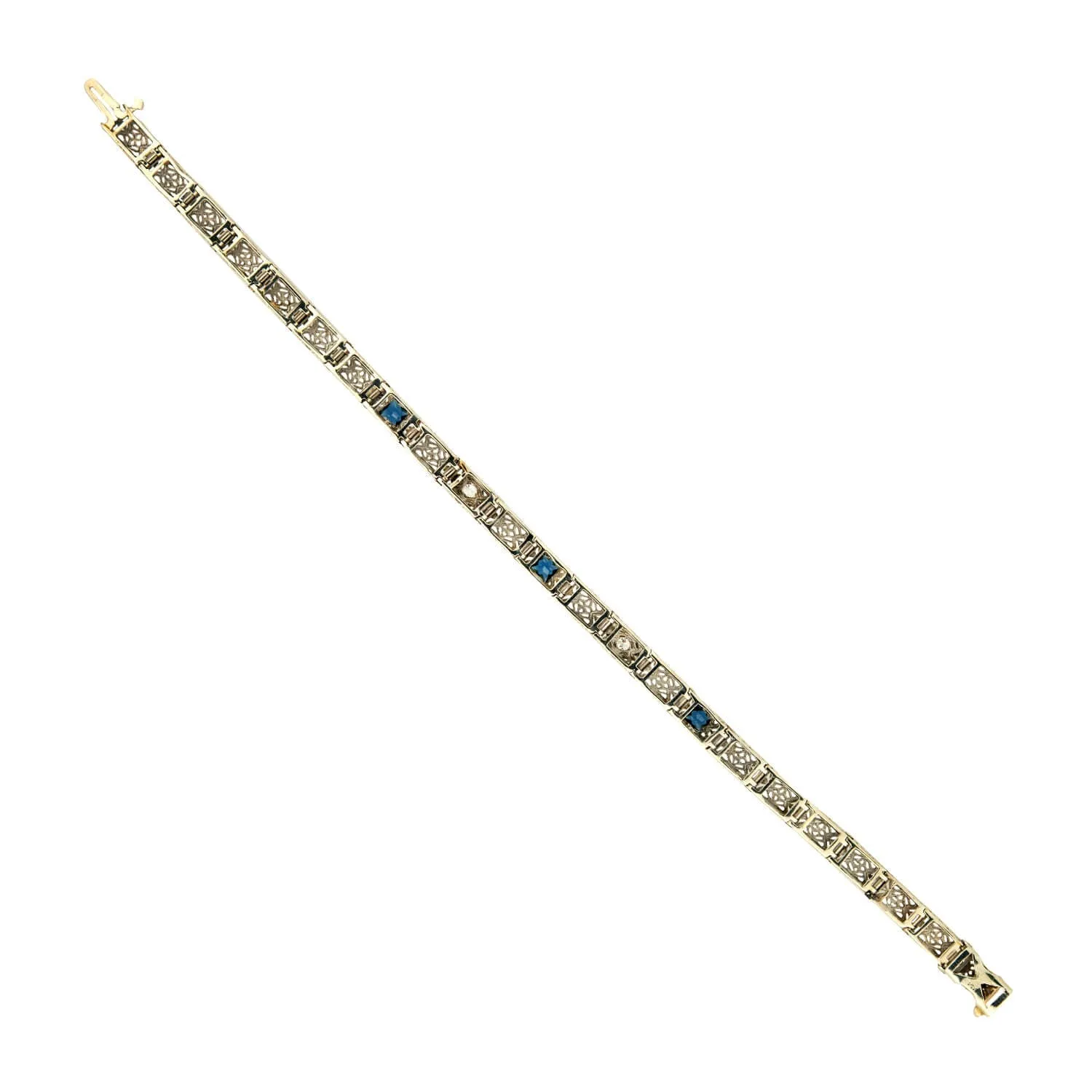 Art Deco 14k White gold Diamond & Sapphire Line Bracelet