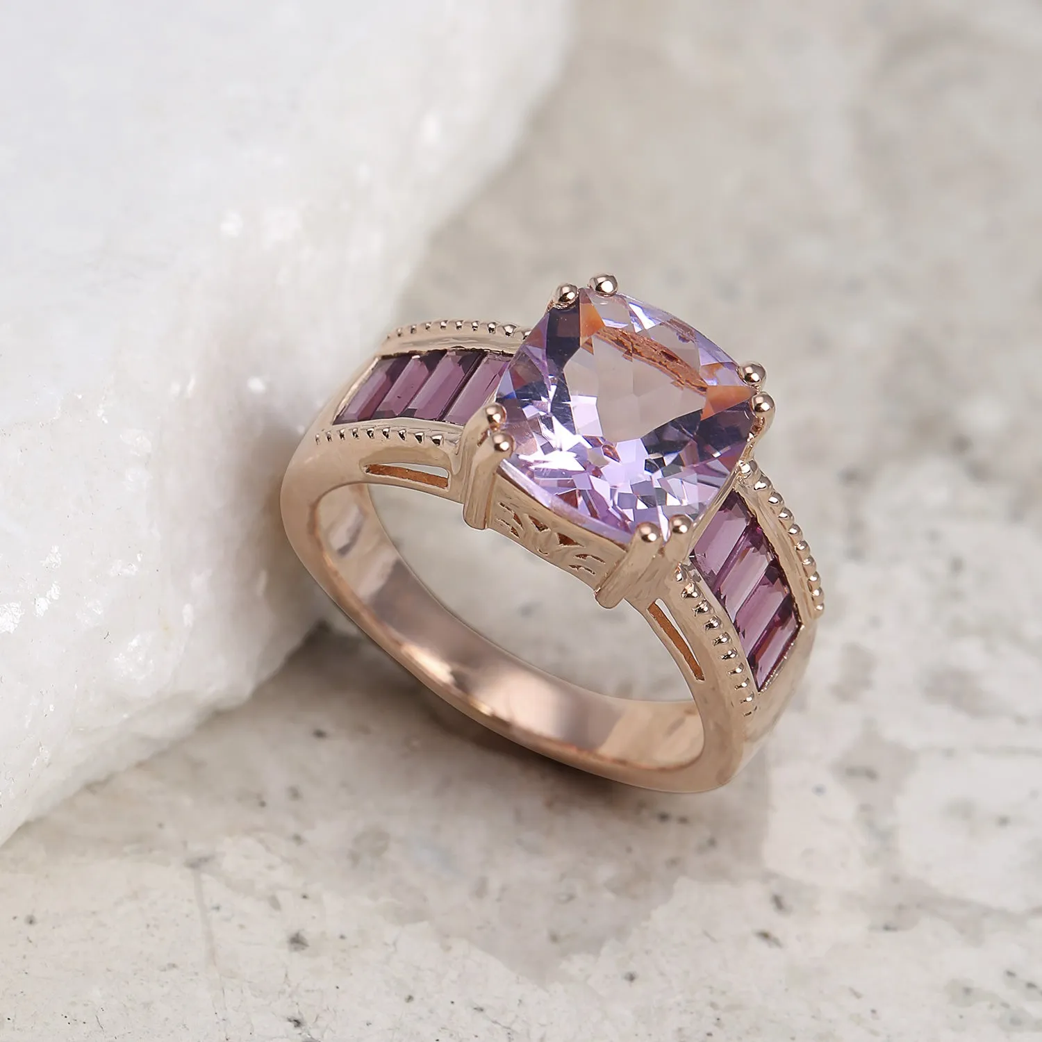 Art Deco 5.45CT Pink Amethyst Engagement Ring with Rhodolite Garnet, Rose Gold