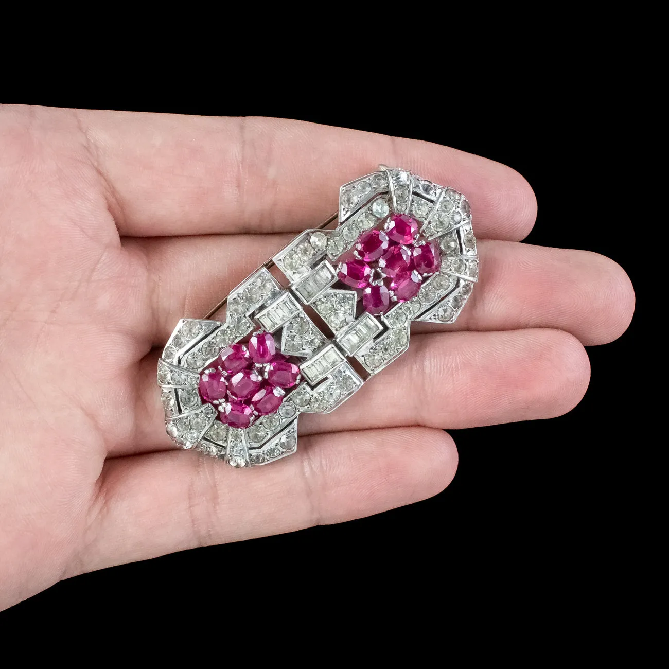 Art Deco French Ruby Paste Duette Dress Clip Brooch Silver