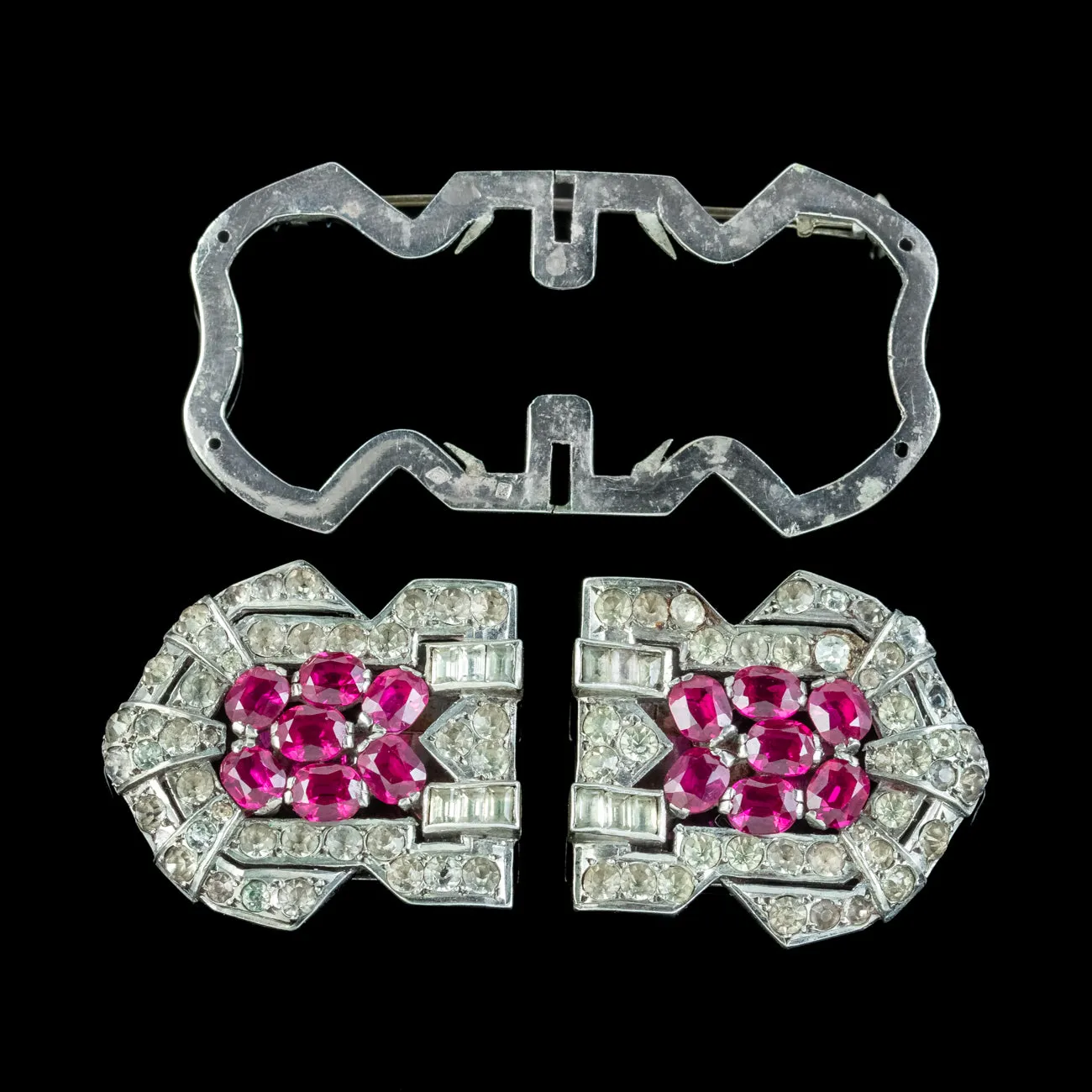 Art Deco French Ruby Paste Duette Dress Clip Brooch Silver