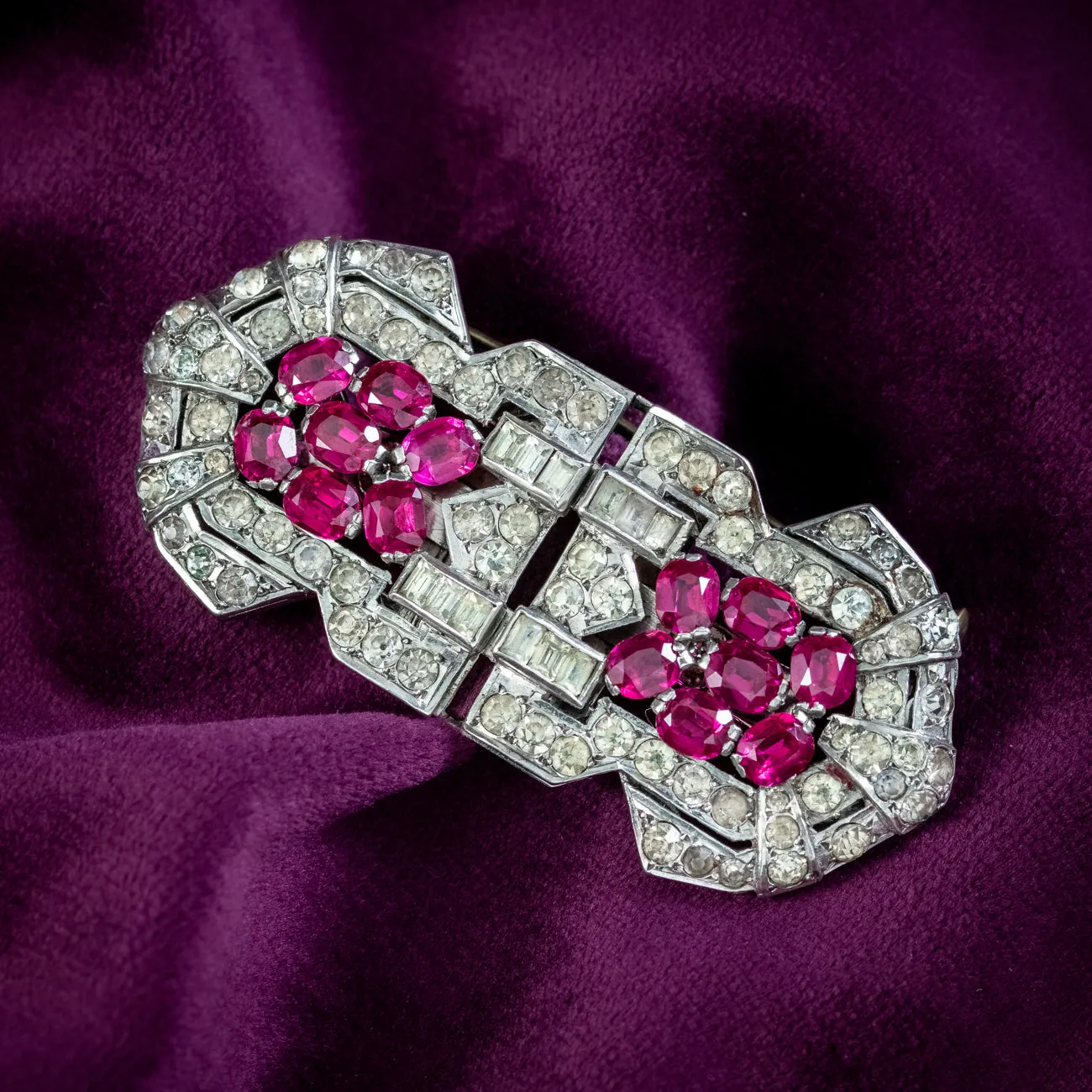 Art Deco French Ruby Paste Duette Dress Clip Brooch Silver