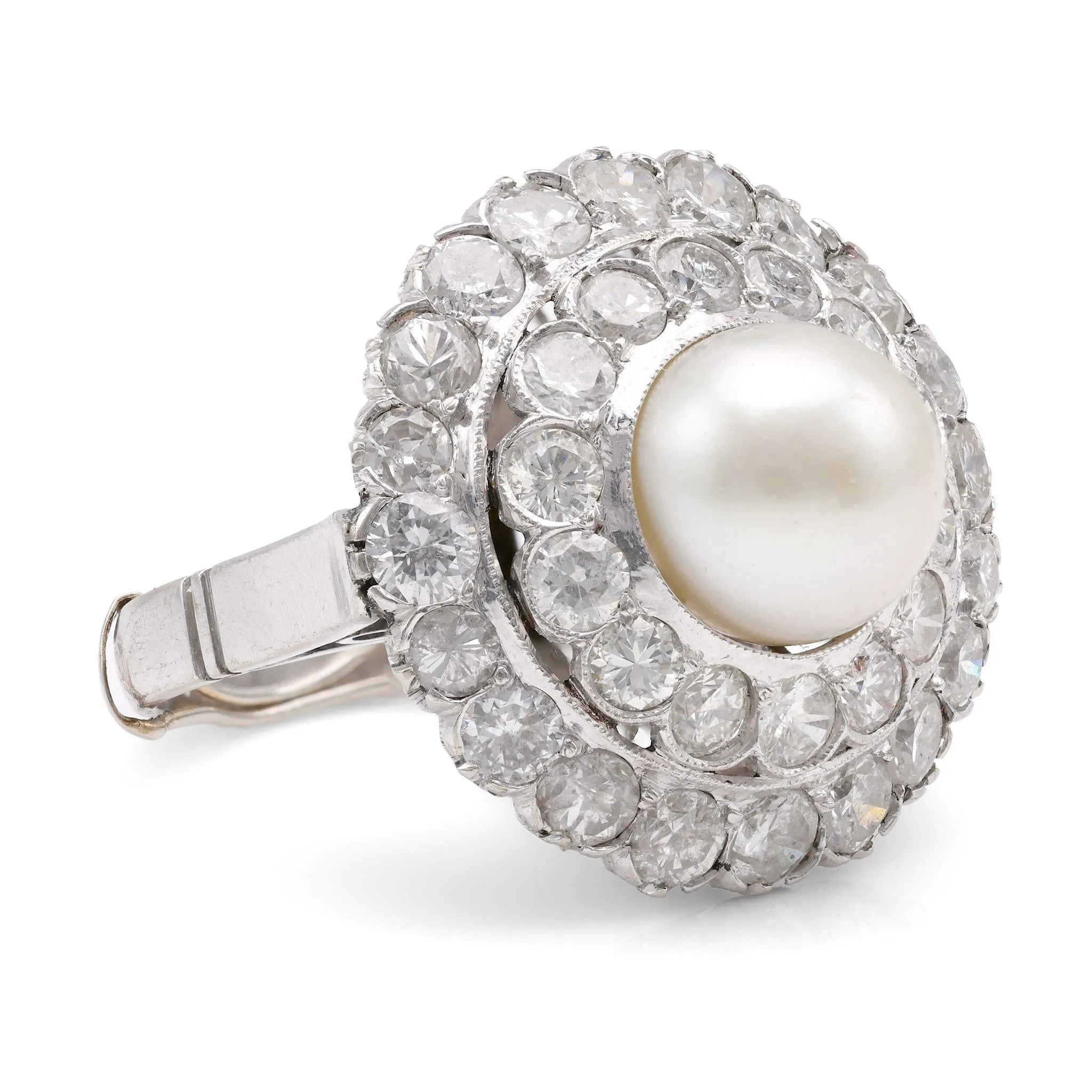 Art Deco Pearl Diamond 14K White Gold Cluster Ring