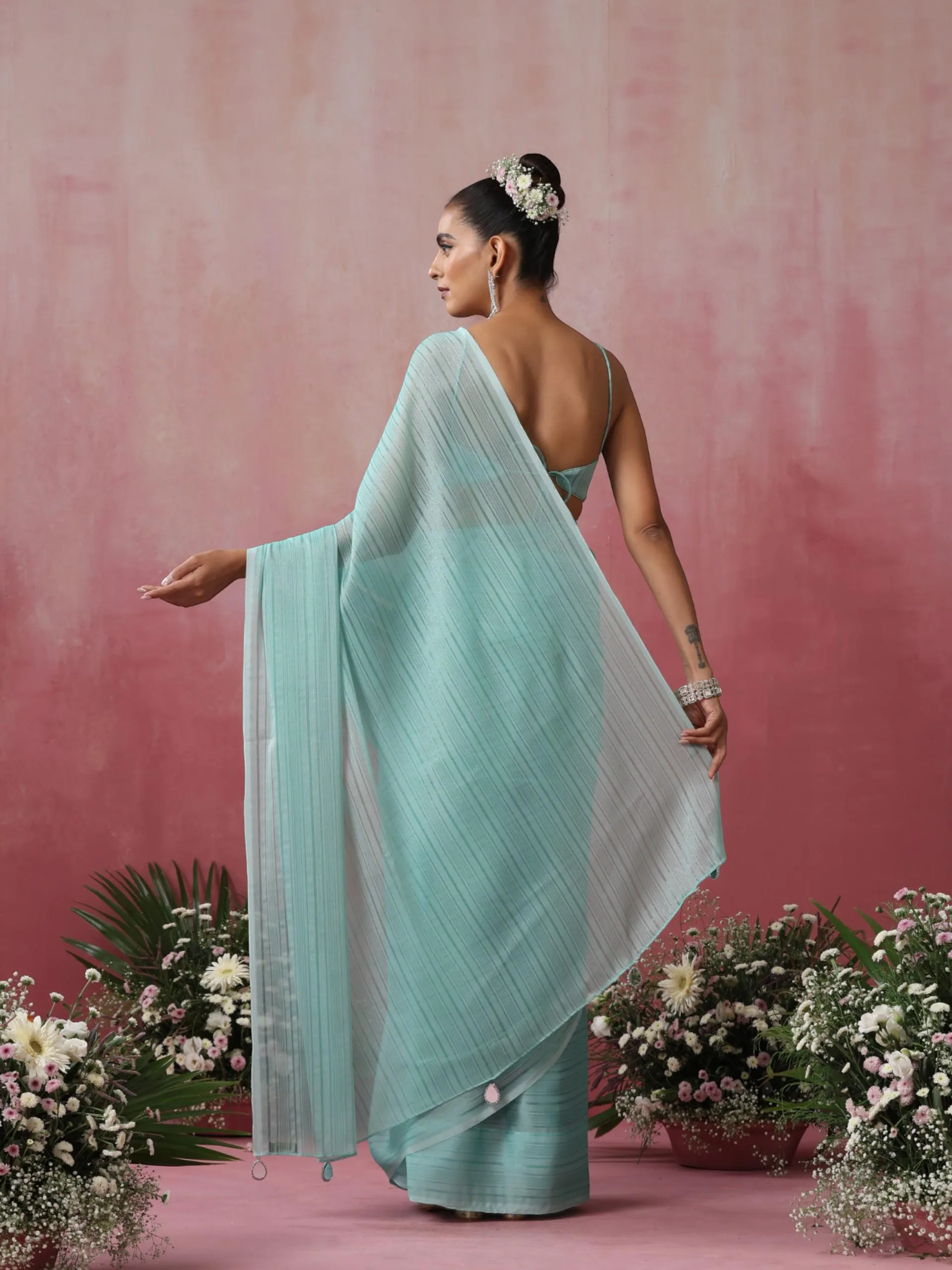 Baby Blue Striped Chiffon Saree with Pendants and Blouse Fabric