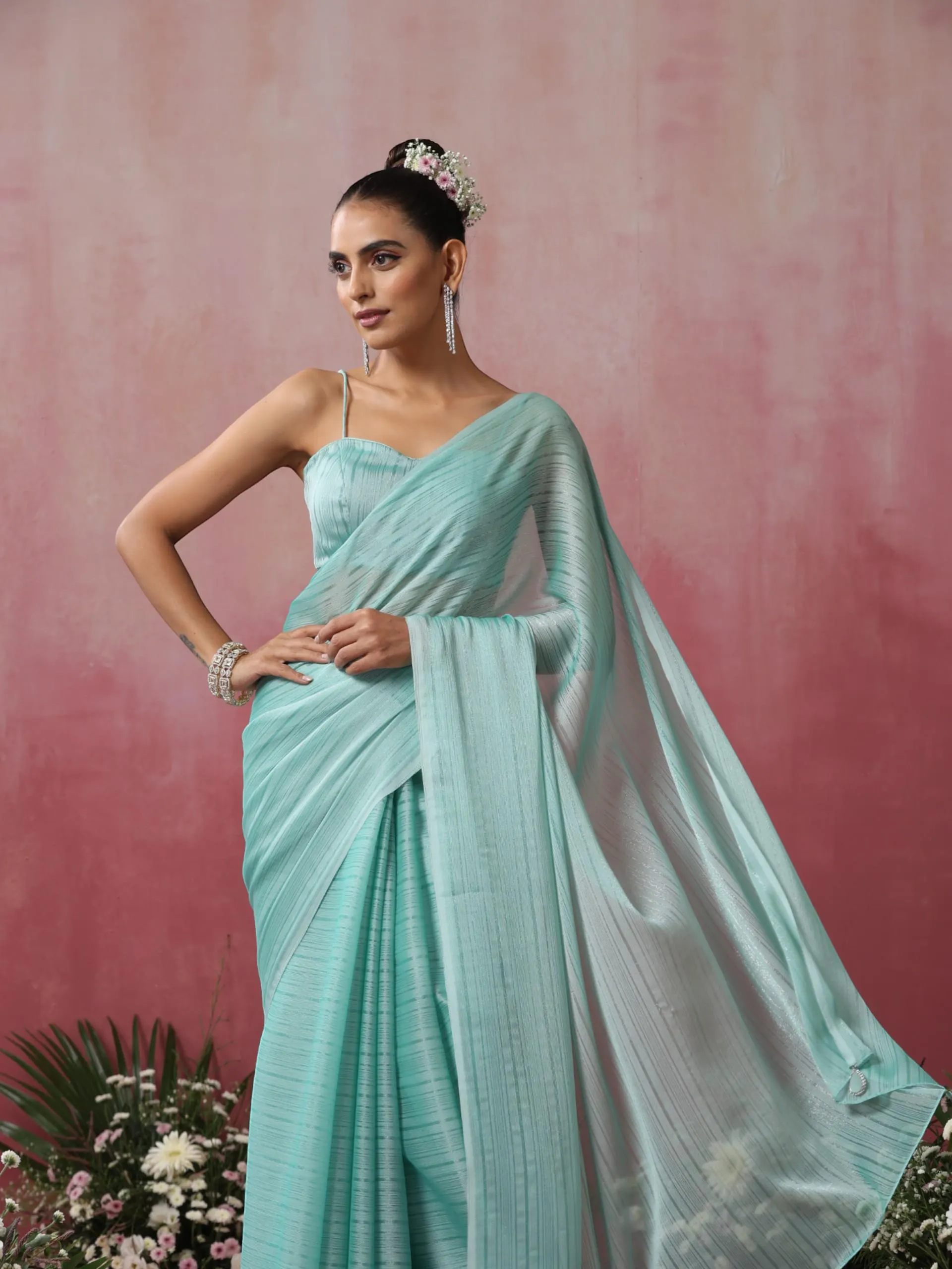 Baby Blue Striped Chiffon Saree with Pendants and Blouse Fabric