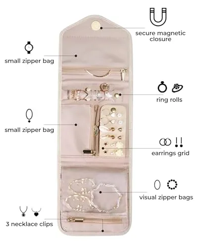 BAGSMART Travel Jewelry Organizer Case Foldable Jewelry Roll for Journey-Rings, Necklaces, Earrings, Bracelets,Mini,Beige