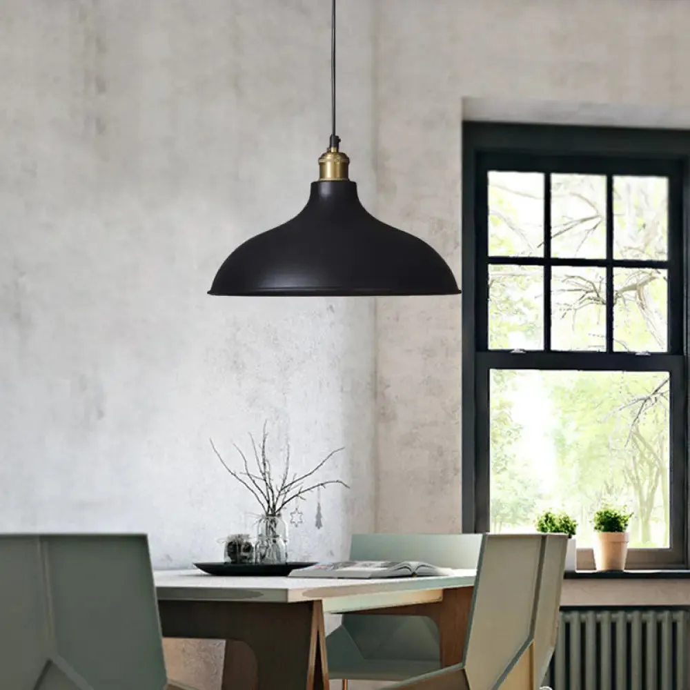 Black Metal Ceiling Pendant - Loft Style Dining Table Light Fixture with Domed Shade and 1 Light