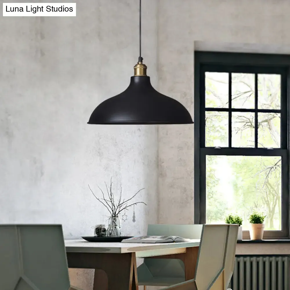 Black Metal Ceiling Pendant - Loft Style Dining Table Light Fixture with Domed Shade and 1 Light