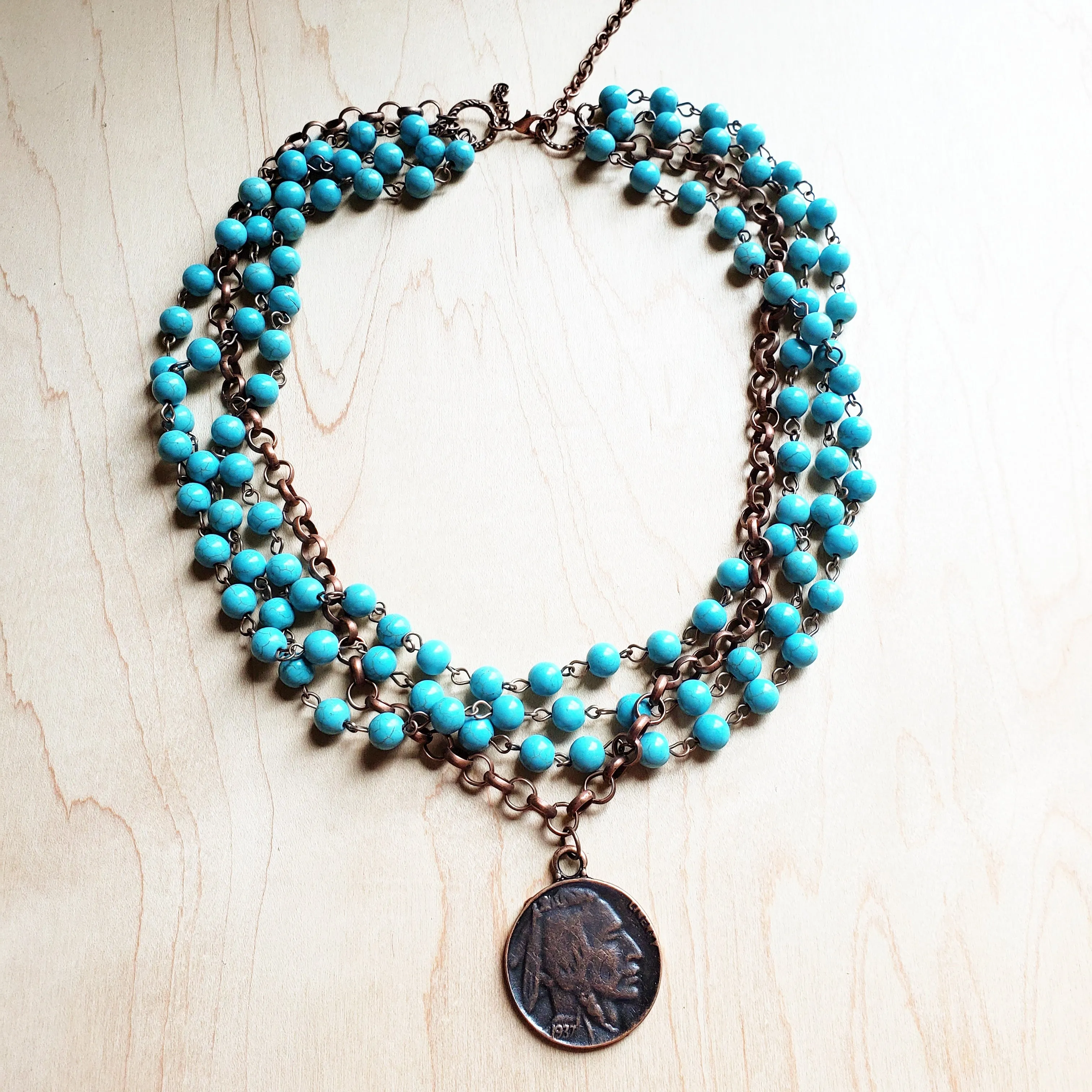 Blue Turquoise Collar-Length Necklace with Indian Head Coin 114E