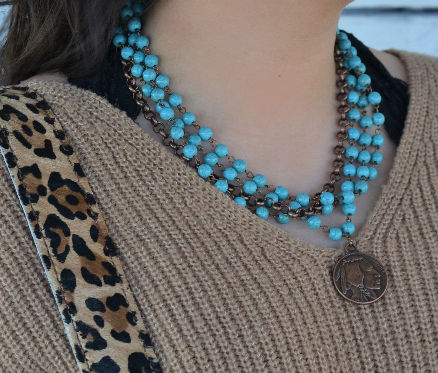 Blue Turquoise Collar-Length Necklace with Indian Head Coin 114E