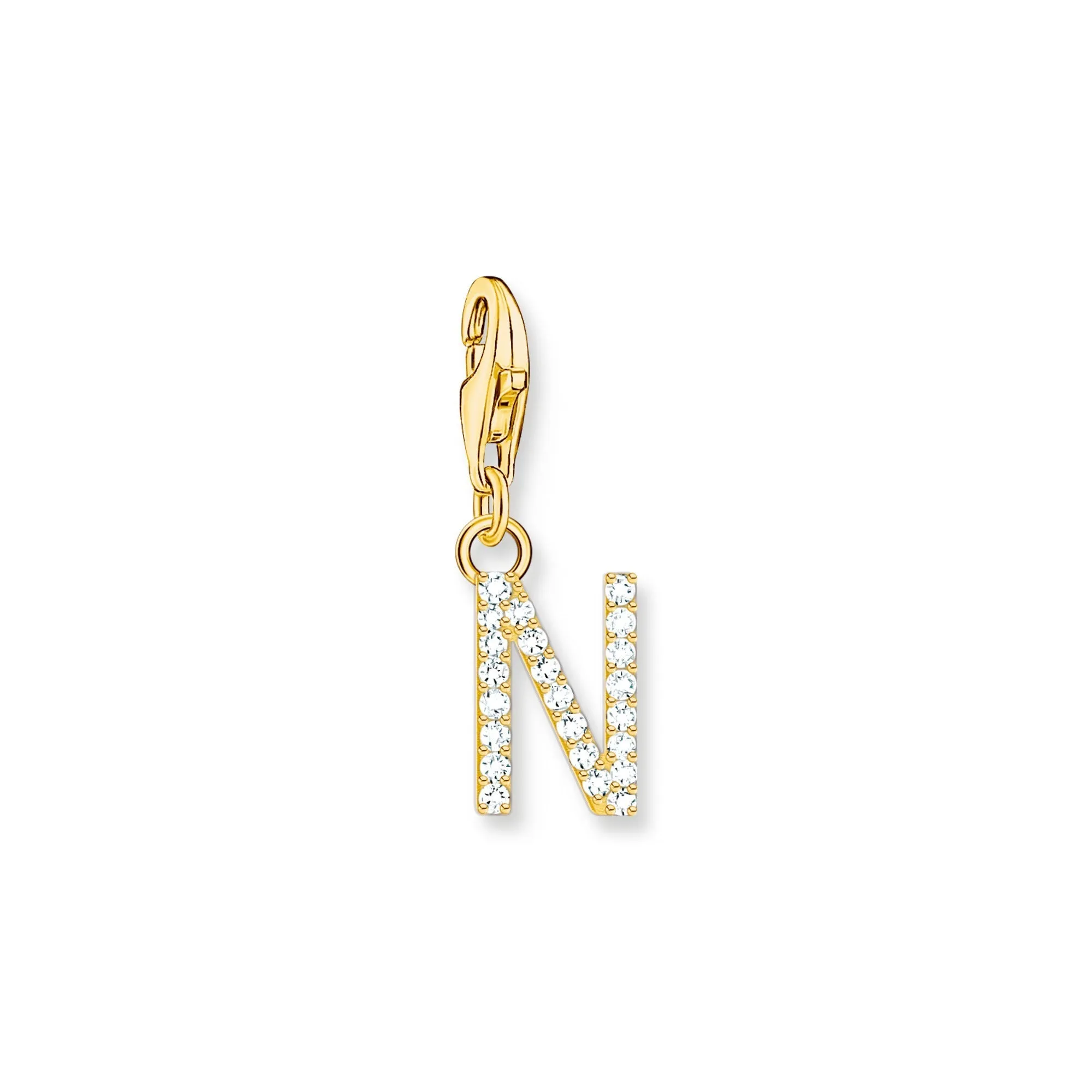 Charm pendant letter N with white stones gold plated