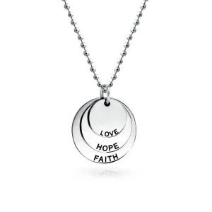 Circle Inspirational Pendant Necklace Faith Hope Love Disc Silver Tone Stainless Steel