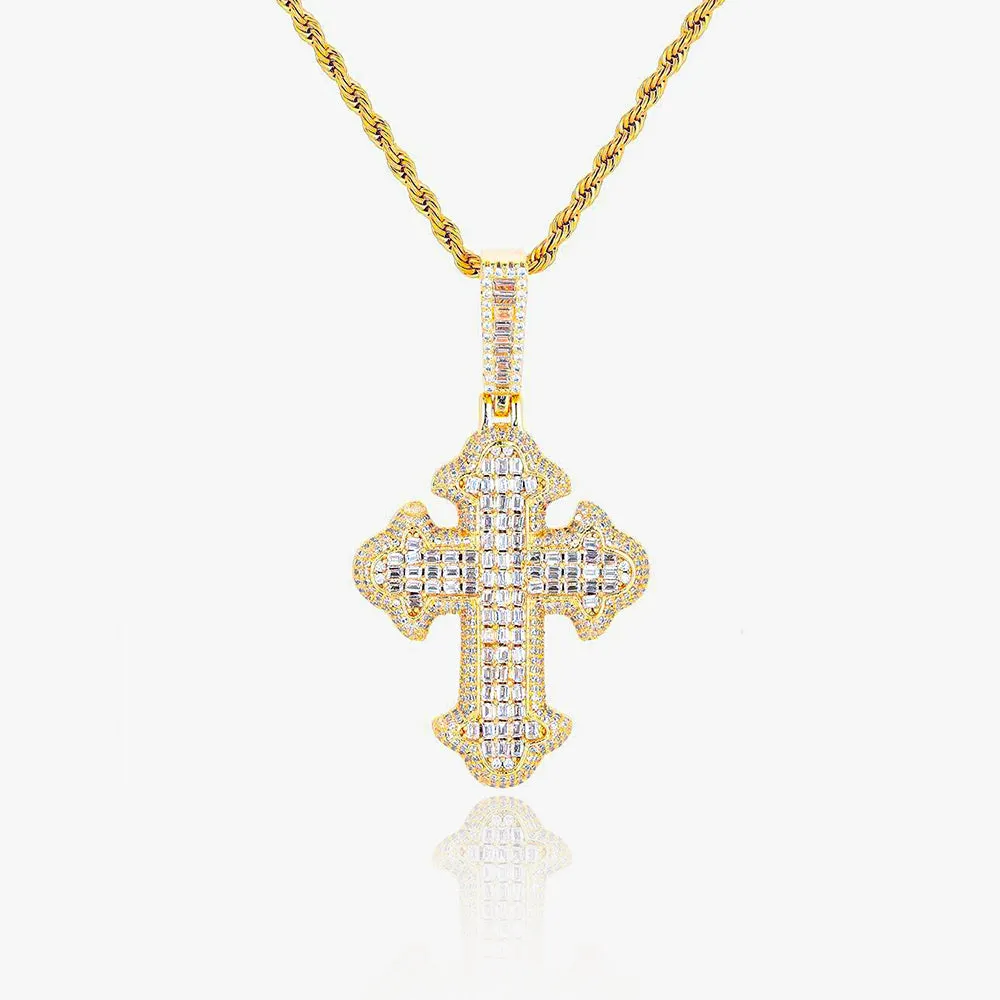 Double-Layered Baguette Gothic Cross Pendant