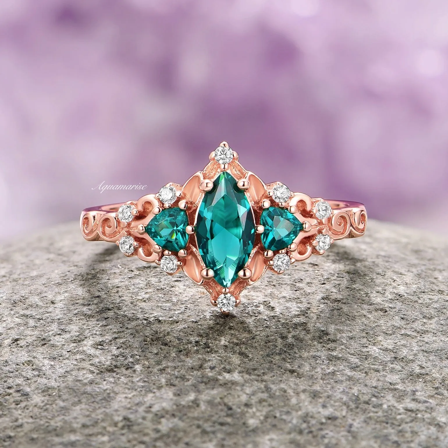 Elain Teal Sapphire Fairy Leaf Engagement Ring- 14K Rose Gold Vermeil