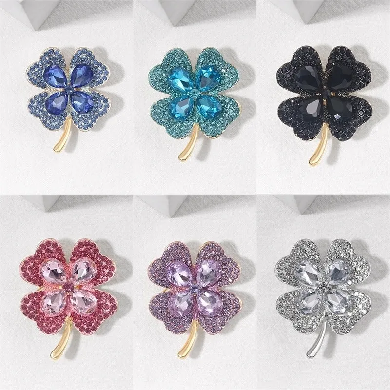 Elegant Pin Four Leaf Clover Metal Inlay Glass Women's Brooches