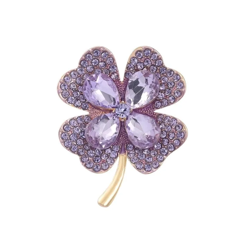 Elegant Pin Four Leaf Clover Metal Inlay Glass Women's Brooches