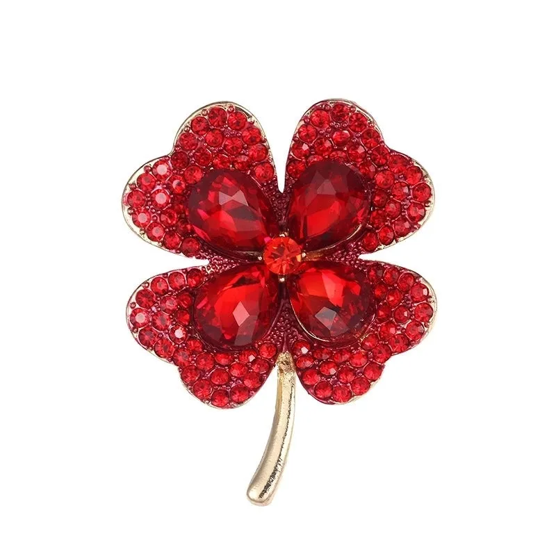 Elegant Pin Four Leaf Clover Metal Inlay Glass Women's Brooches