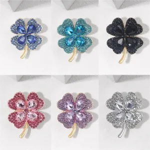 Elegant Pin Four Leaf Clover Metal Inlay Glass Women's Brooches