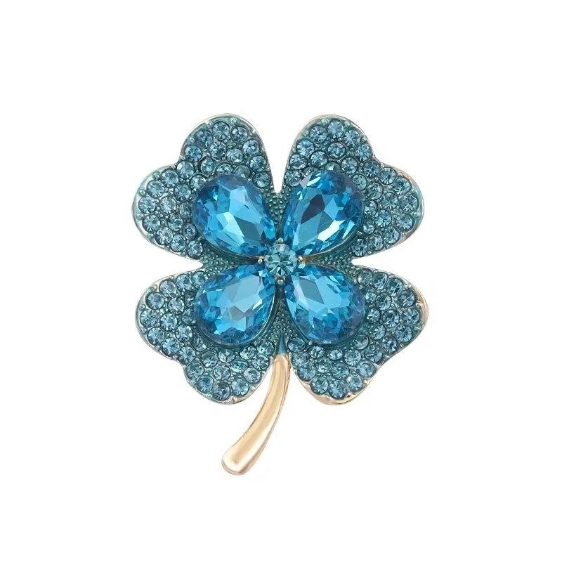 Elegant Pin Four Leaf Clover Metal Inlay Glass Women's Brooches