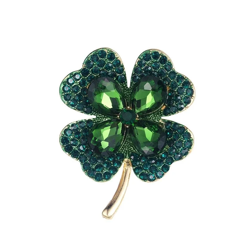 Elegant Pin Four Leaf Clover Metal Inlay Glass Women's Brooches