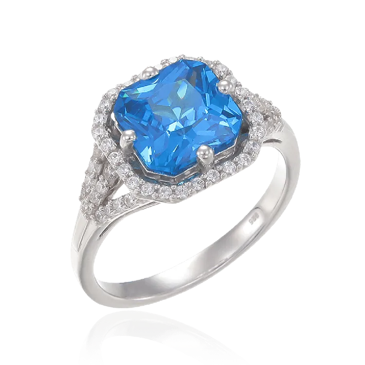 Elegant Sparkling Blue Ring with Halo