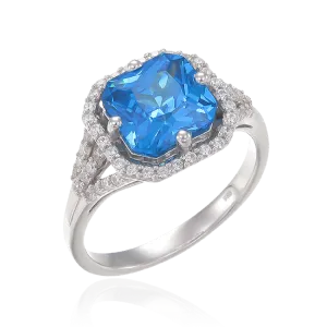 Elegant Sparkling Blue Ring with Halo