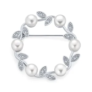 Elegant White Pearl Leaf Scarf Brooche Pin Sterling Silver Wedding Gift