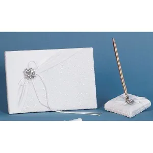 Embroidered Brooch Wedding Guestbook and Pen Set