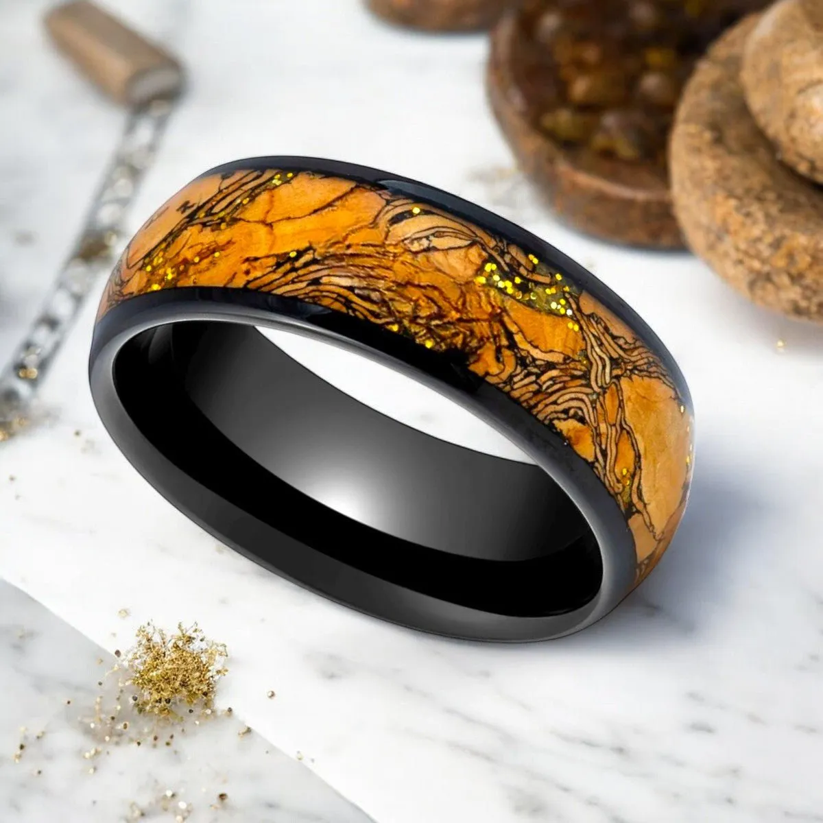 ERMIS | Black Tungsten Ring, Cork and Gold Glitter Inlay, Domed