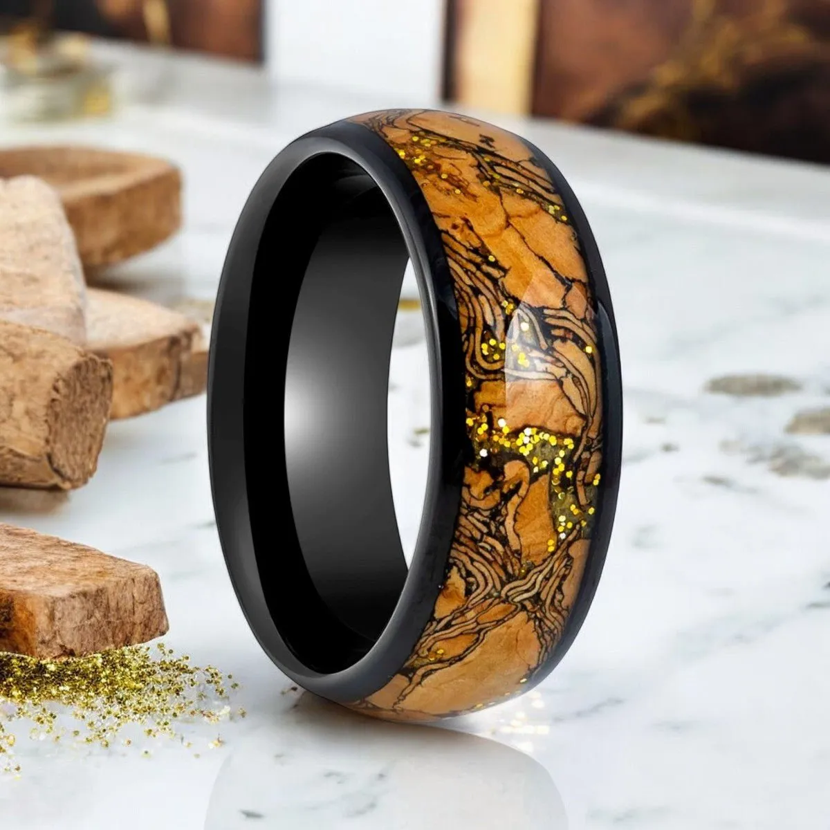 ERMIS | Black Tungsten Ring, Cork and Gold Glitter Inlay, Domed