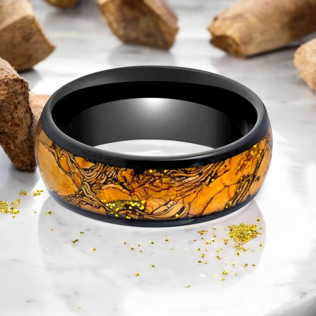 ERMIS | Black Tungsten Ring, Cork and Gold Glitter Inlay, Domed