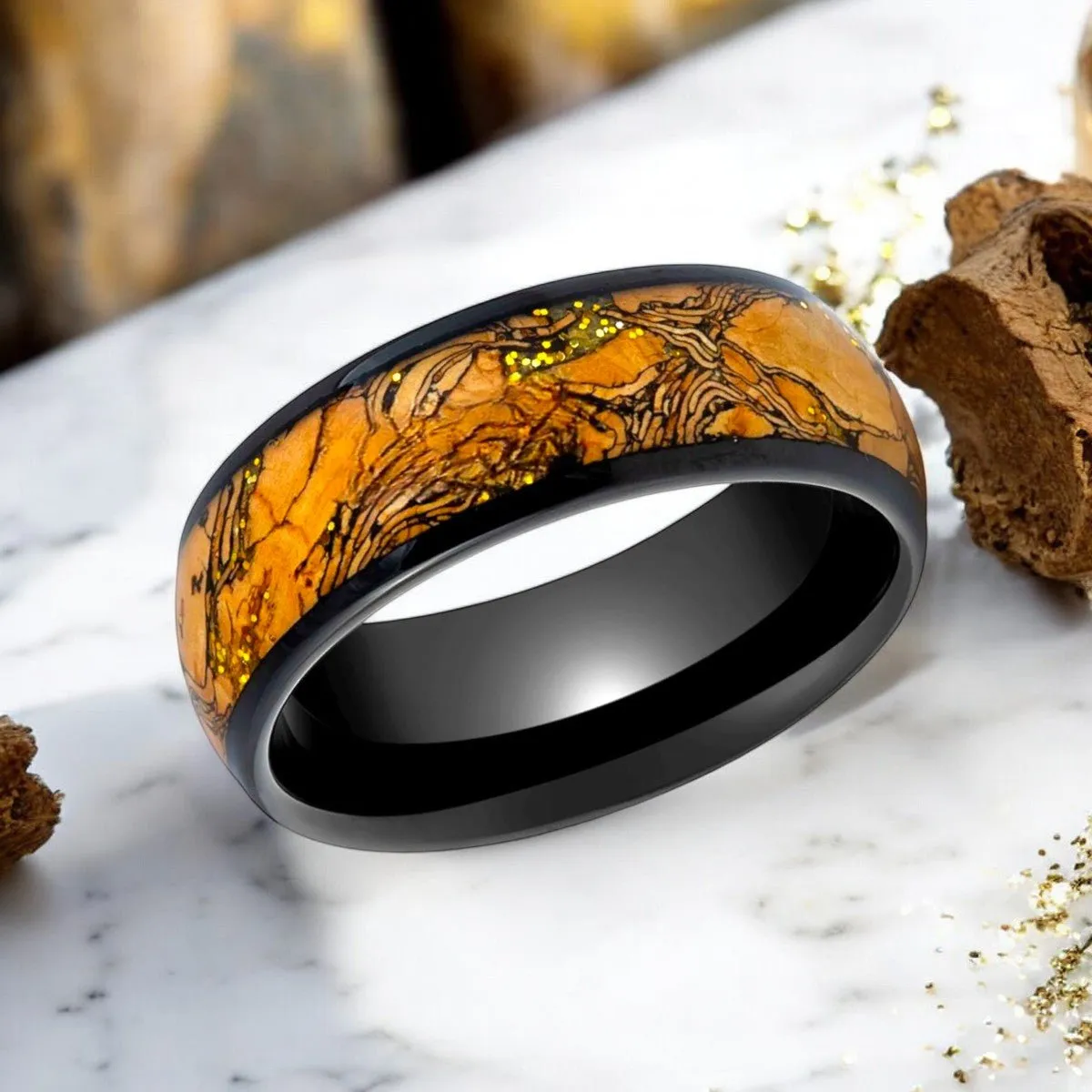 ERMIS | Black Tungsten Ring, Cork and Gold Glitter Inlay, Domed