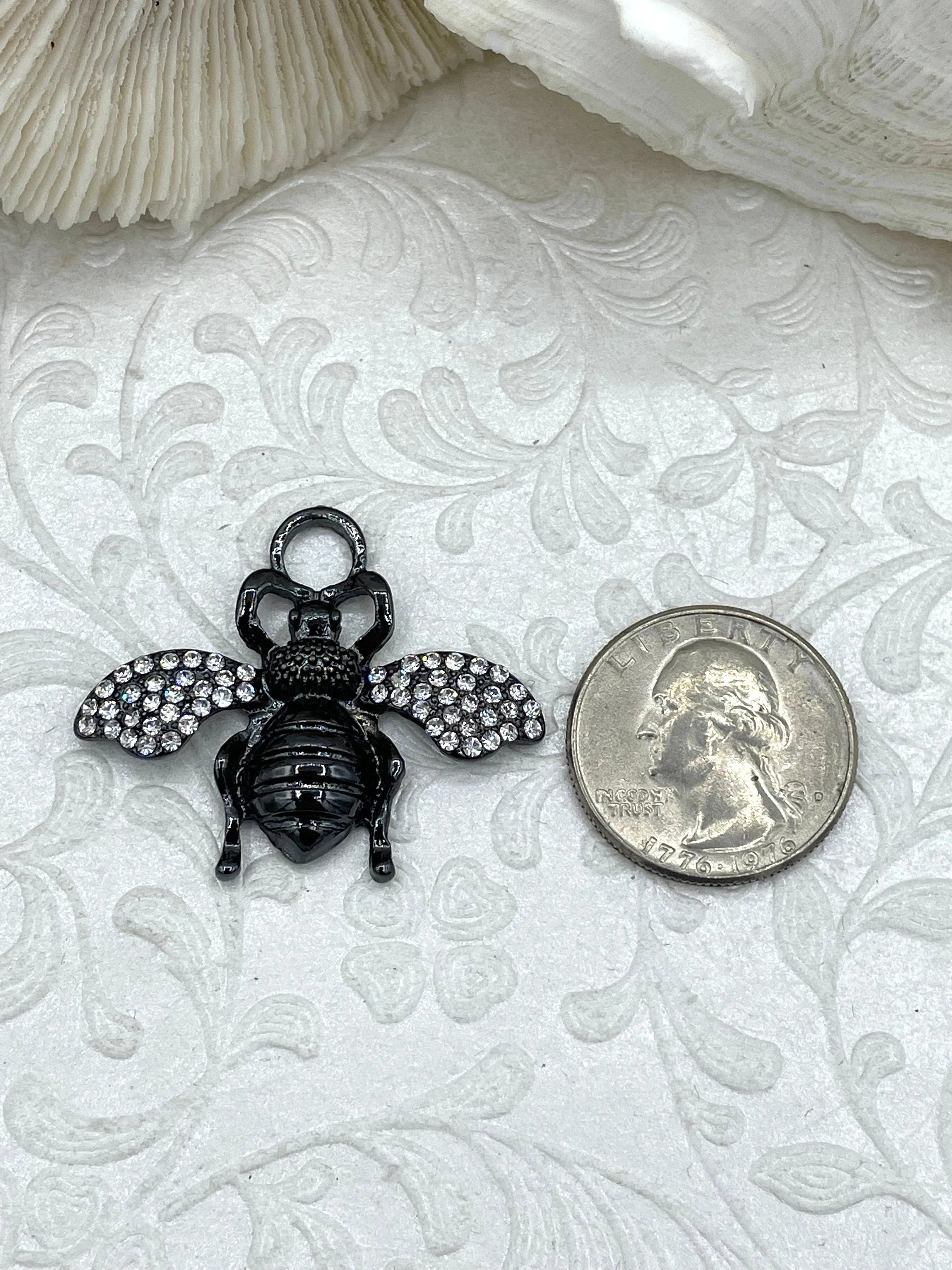 French Bee Charm Pendant CZ Micro PAVE , French Bee Charm, CZ Bee, 33mm x 39mm Bee Charm, Cubic Zirconia Bee Pendant, 5 Finishes Fast Ship