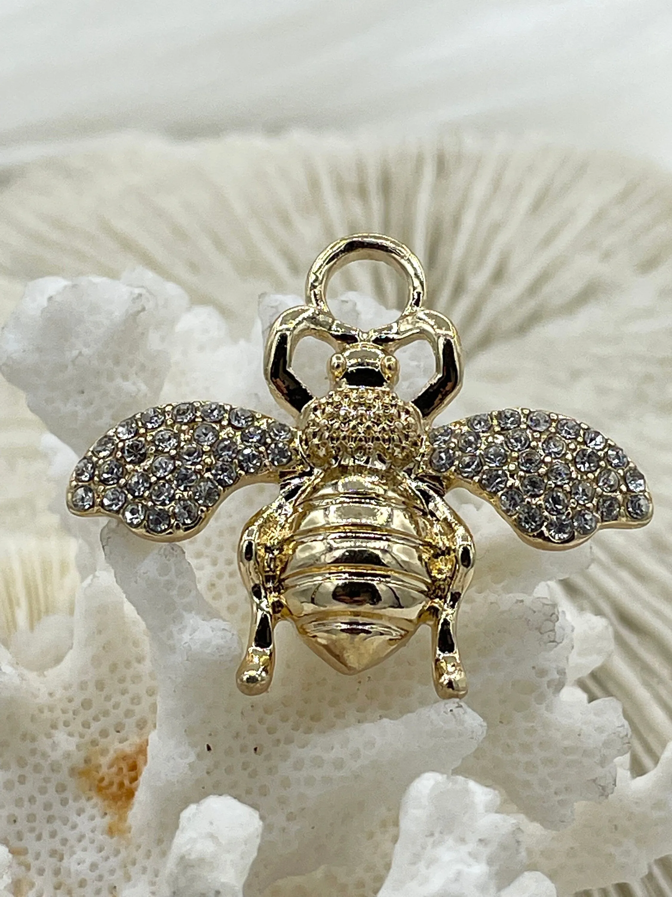 French Bee Charm Pendant CZ Micro PAVE , French Bee Charm, CZ Bee, 33mm x 39mm Bee Charm, Cubic Zirconia Bee Pendant, 5 Finishes Fast Ship