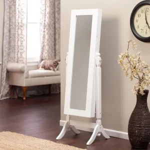 Full Length Tilting Cheval Mirror Jewelry Armoire Cabinet in Gloss White Wood Finish