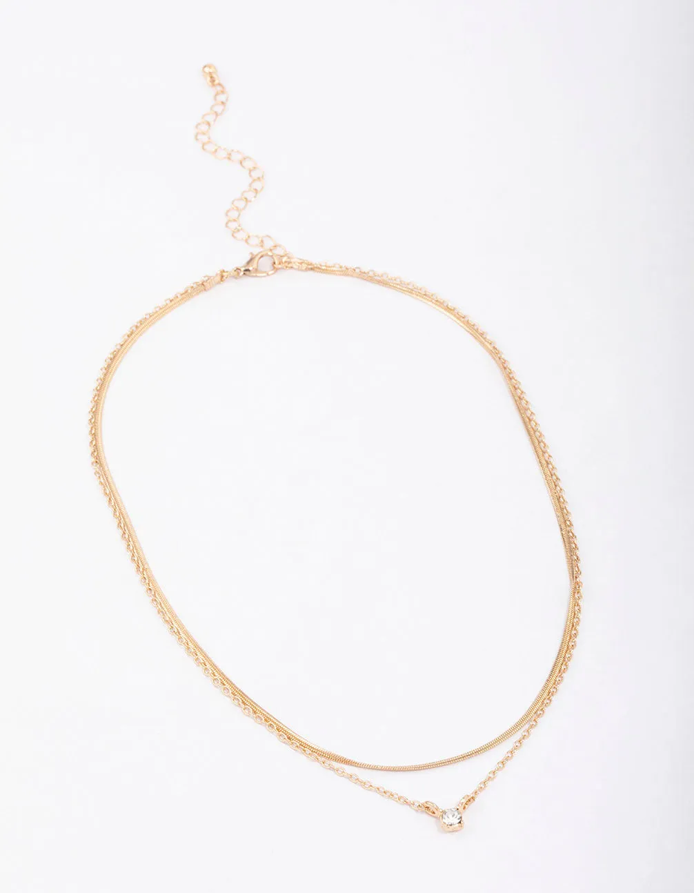 Gold Double Diamante & Snake Chain Layered Necklace