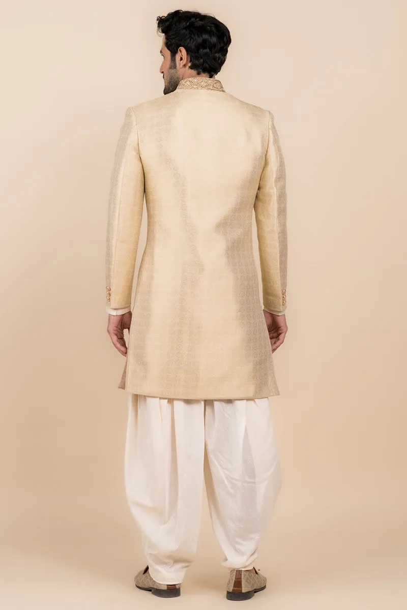 Gold Hand Embroidered Zari Jacquard Sherwani