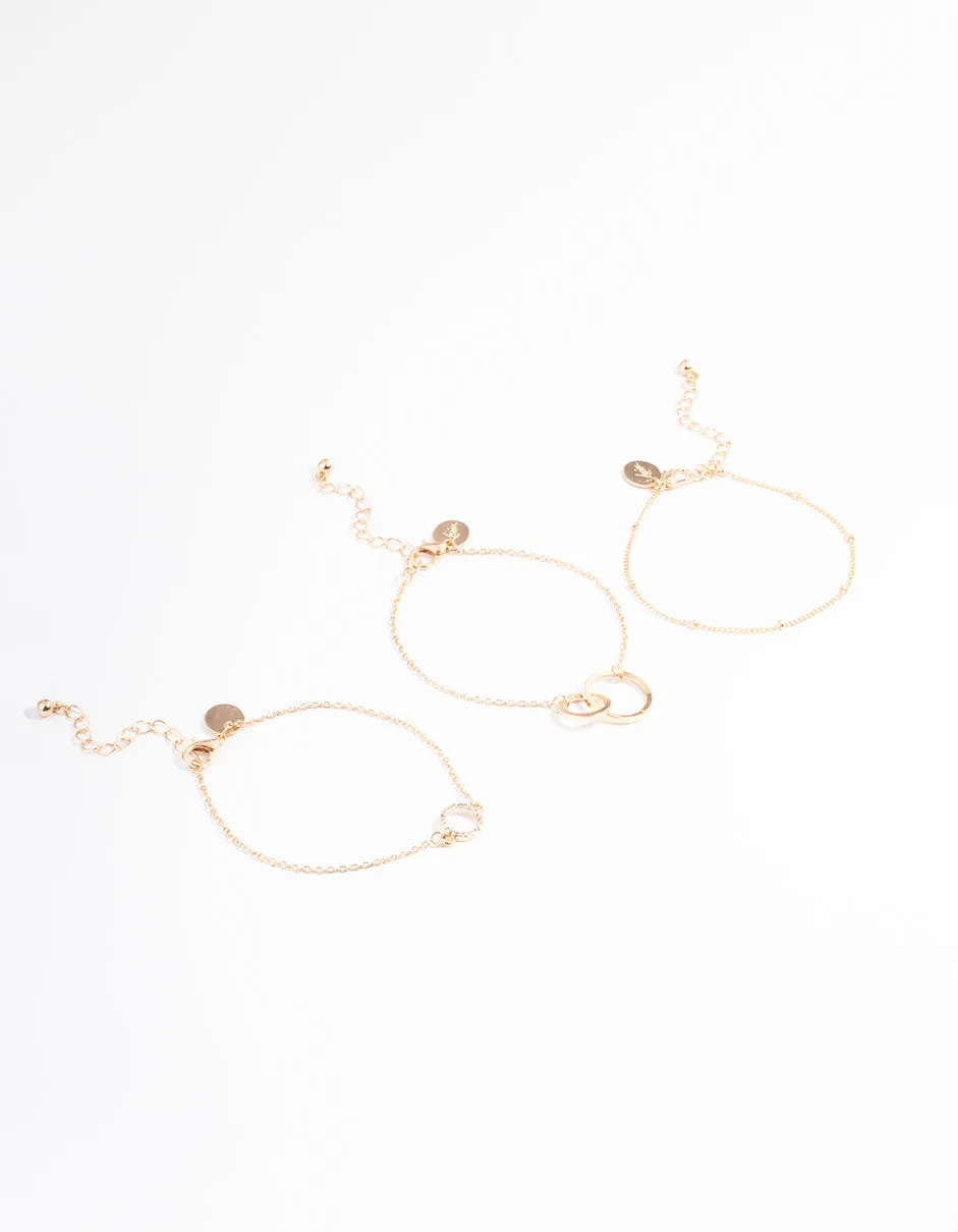 Gold Open Circle Linked Bracelet Pack