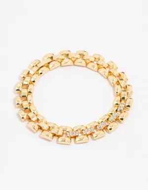 Gold Plated Square Link Pave Chain Bracelet